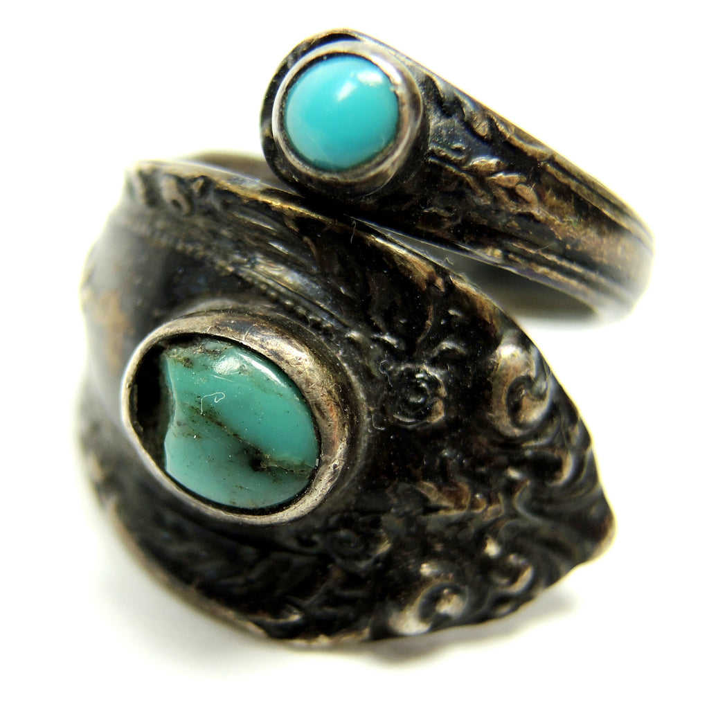 Towle Sterling Silver Turquoise Spoon Wrap Ring Size 7.5 Adjustable - Fazoom