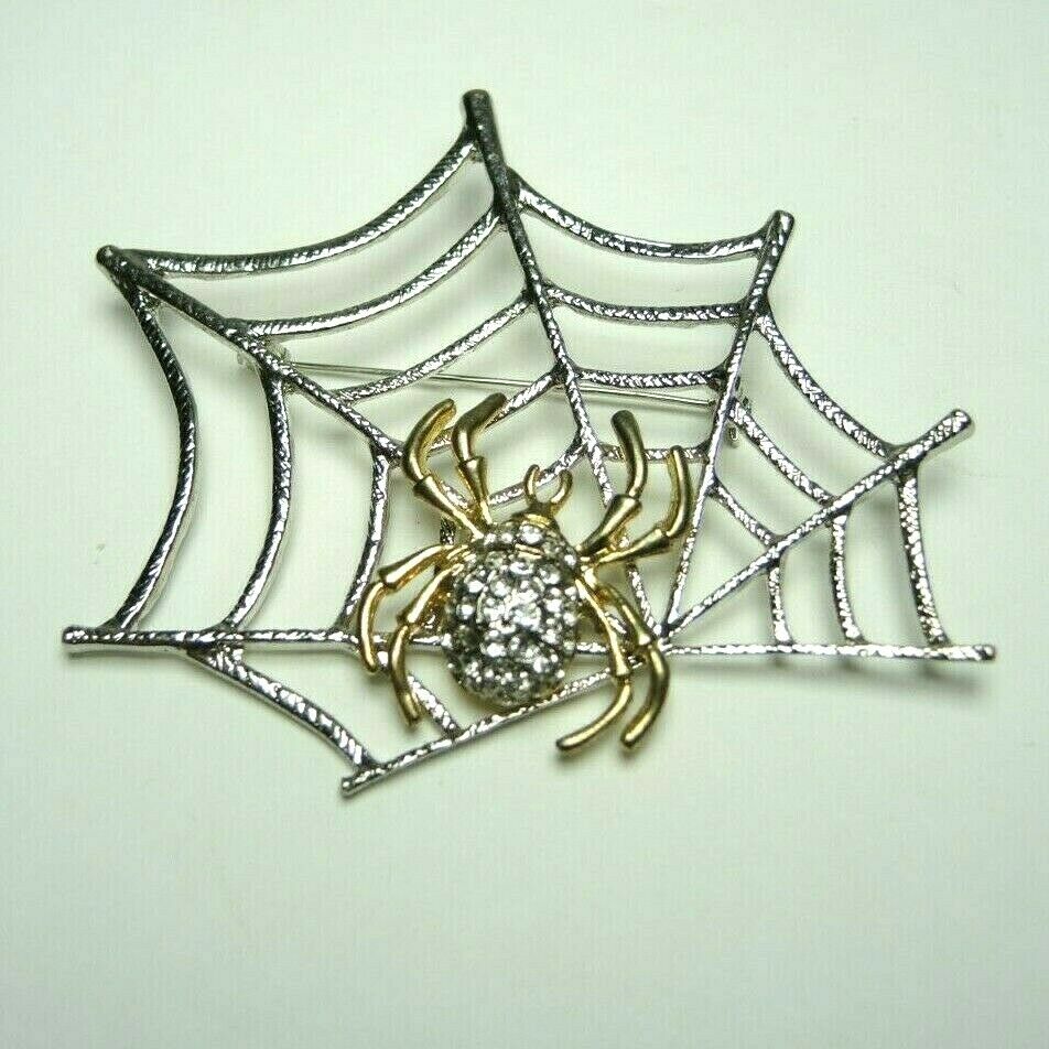 Rhinestone Spider Brooch Pin Web Halloween Silver & Gold Tone Costume Jewelry - Fazoom