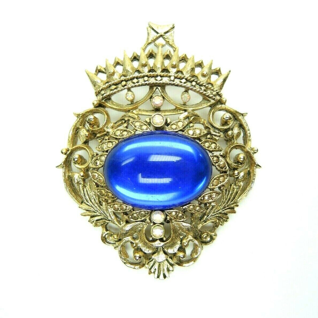 Crest Faux Blue Gem 2.5-inch Vintage Unsigned Gold-Tone Brooch Lapel Pin - Fazoom