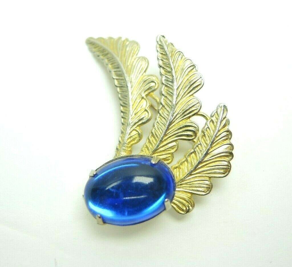 Leaves & Faux Blue Jewel 1.8-inch Vintage Unsigned Gold-Tone Brooch Lapel Pin - Fazoom