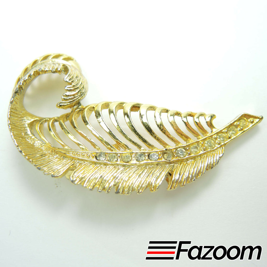 Gold-Tone Leaf with Rhinestones Brooch Lapel Pin Vintage - Fazoom