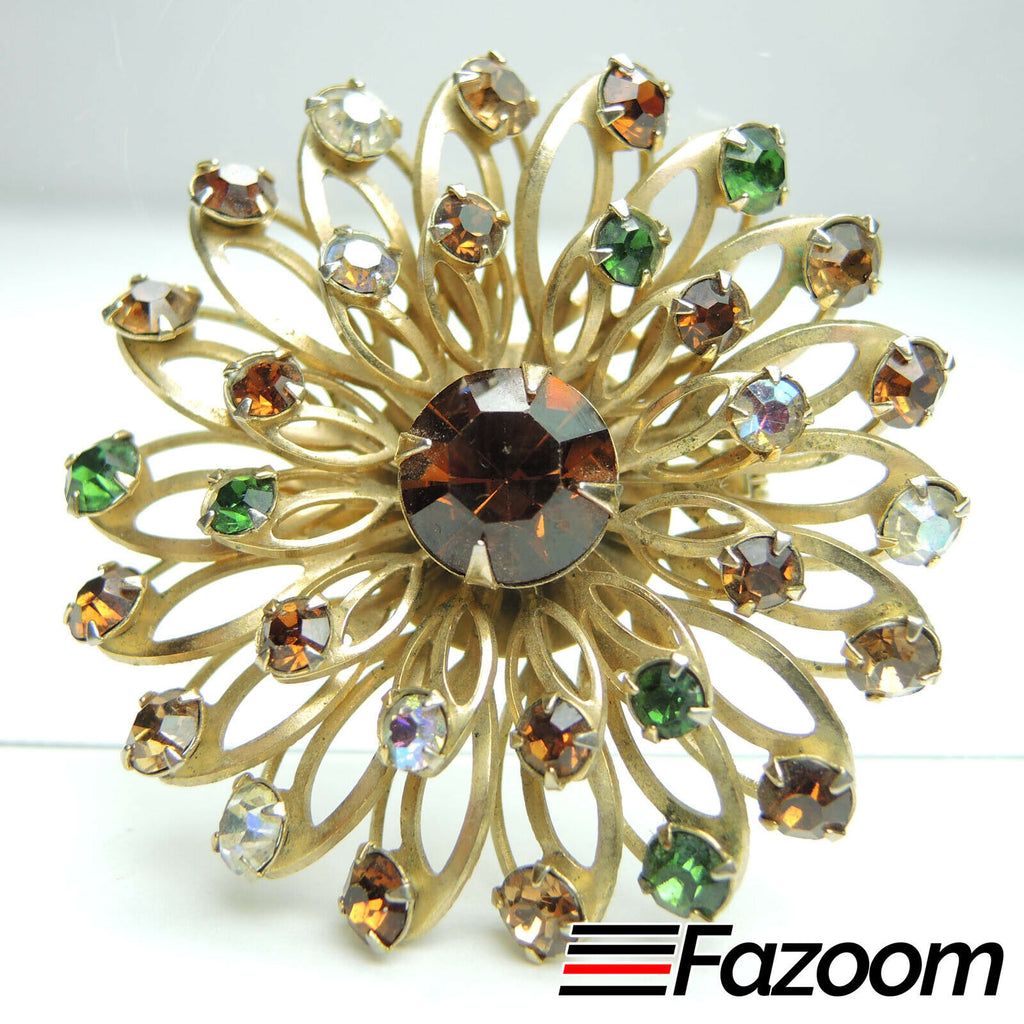 Gold-Tone Flower Brooch Lapel Pin with Rhinestones Vintage - Fazoom