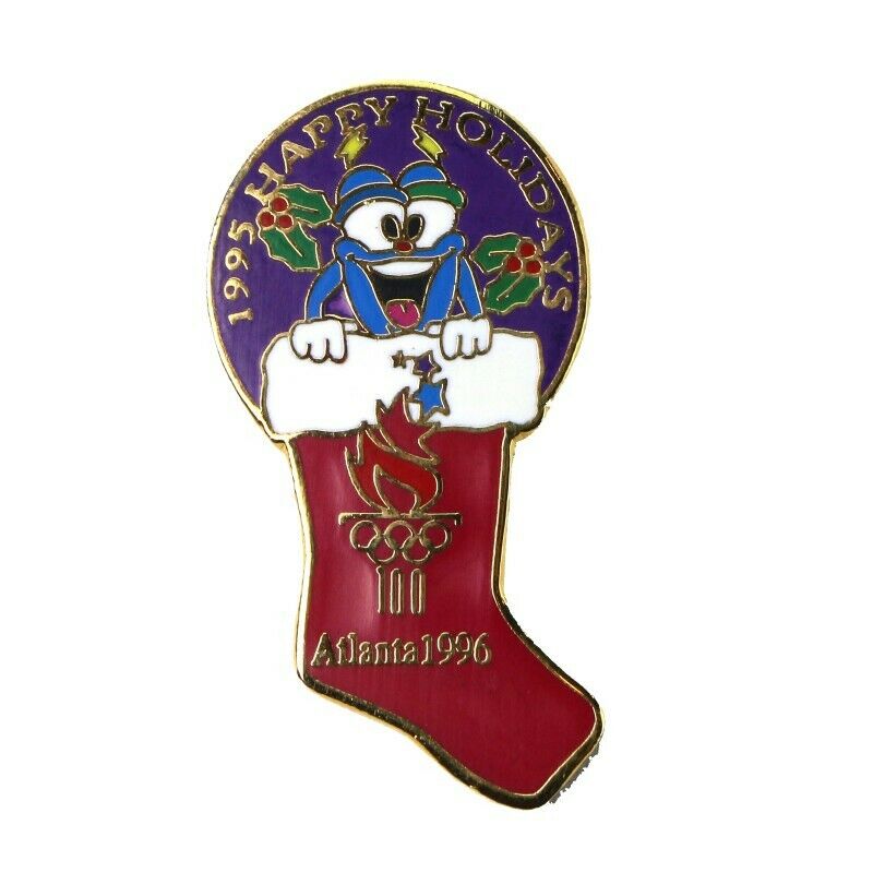 1996 Atlanta Summer Olympics Christmas Happy Holidays 1995 Stocking Mascot Pin - Fazoom