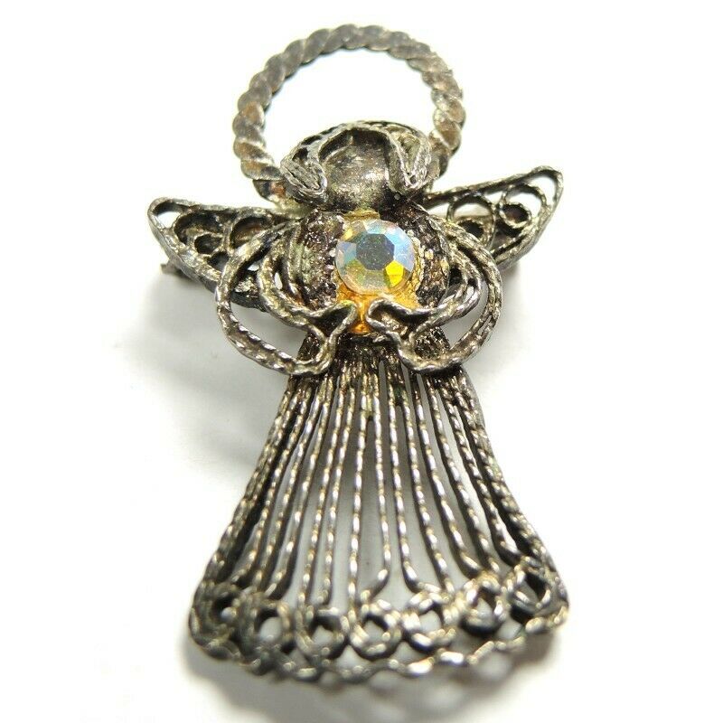 Angel Wire Rhinestone Silver Tone Brooch Lapel Pin Vintage VTG - Fazoom