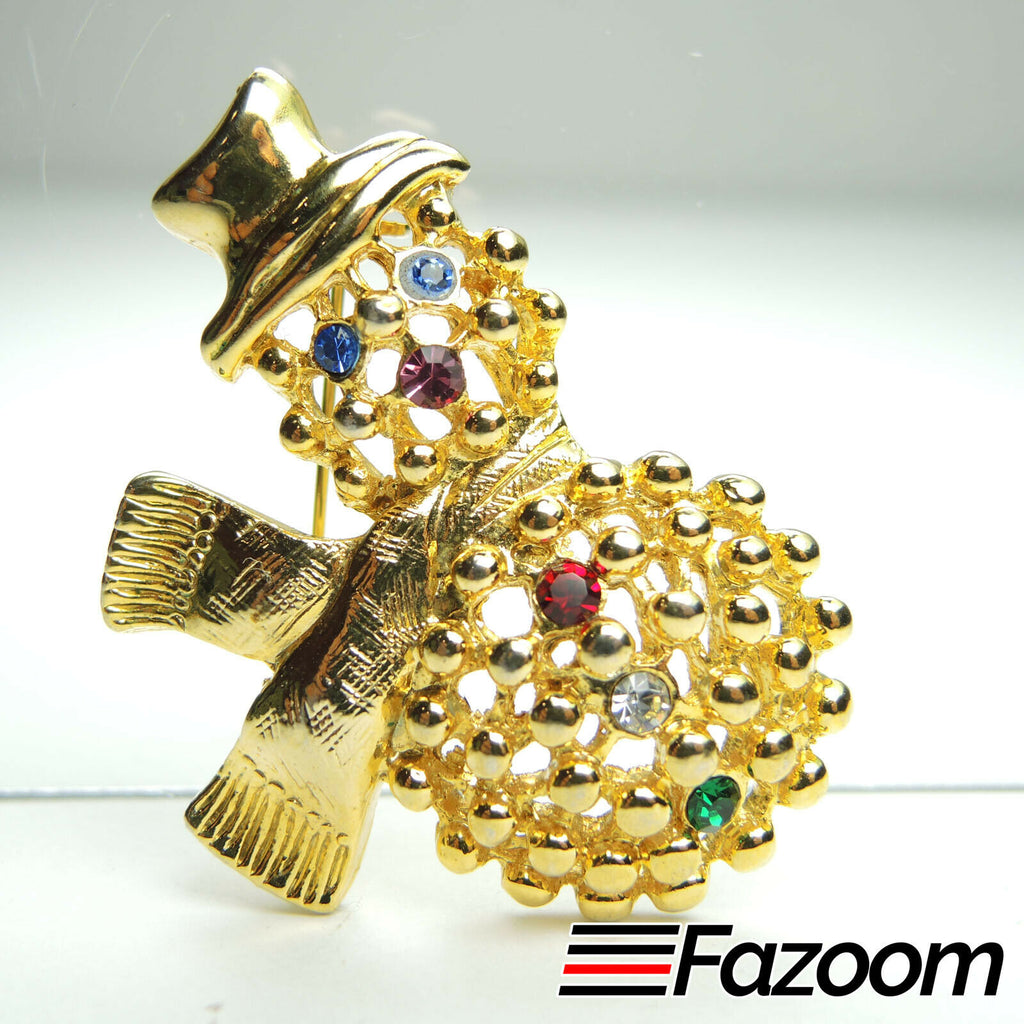 Gold-Tone Christmas Snowman Scarf Brooch Lapel Pin with Rhinestones - Fazoom