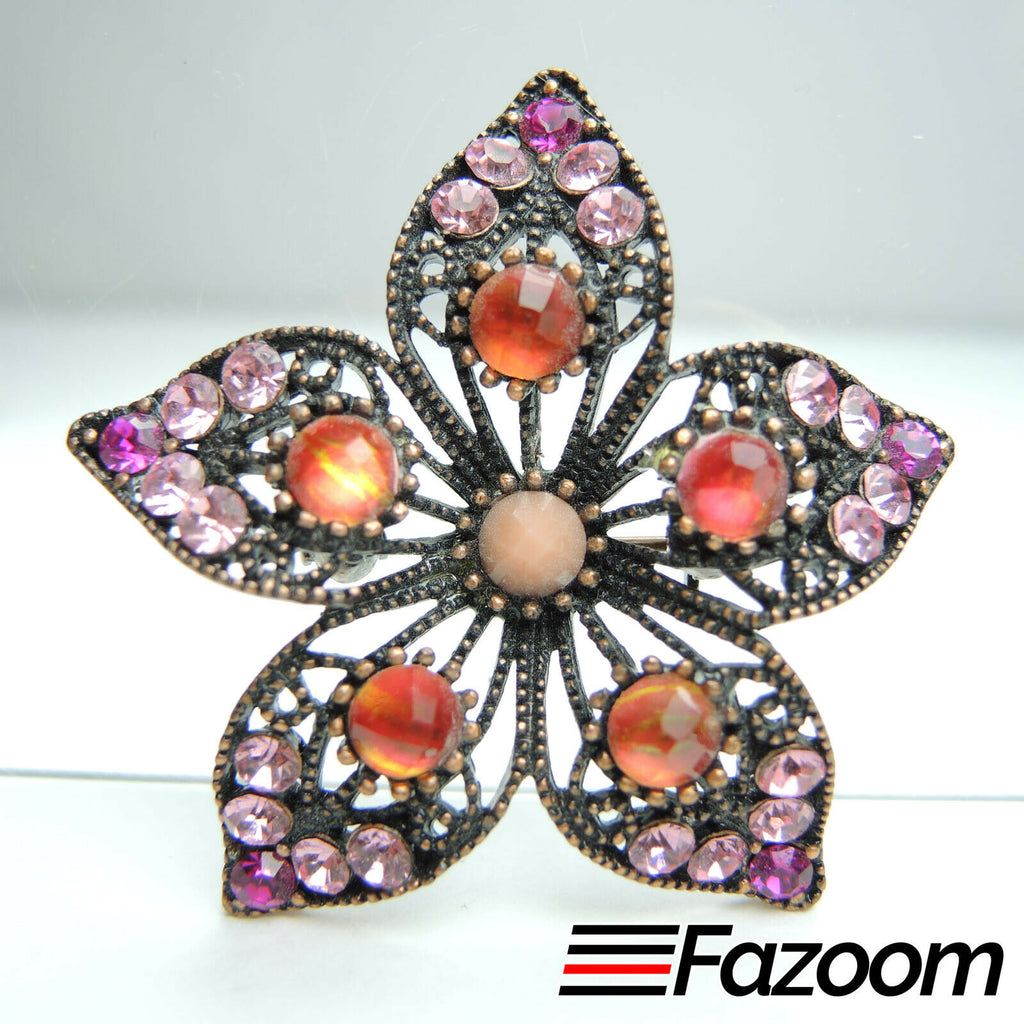 5 Petal Flower Bronze Tone Metal Brooch Lapel Pin with Rhinestones Vintage - Fazoom