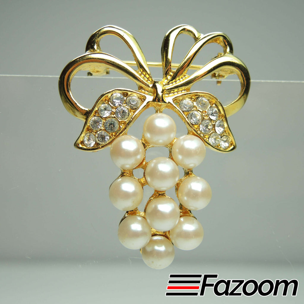 Gold-Tone Faux Pearl Cluster & Rhinestones Brooch Lapel Pin Vintage - Fazoom