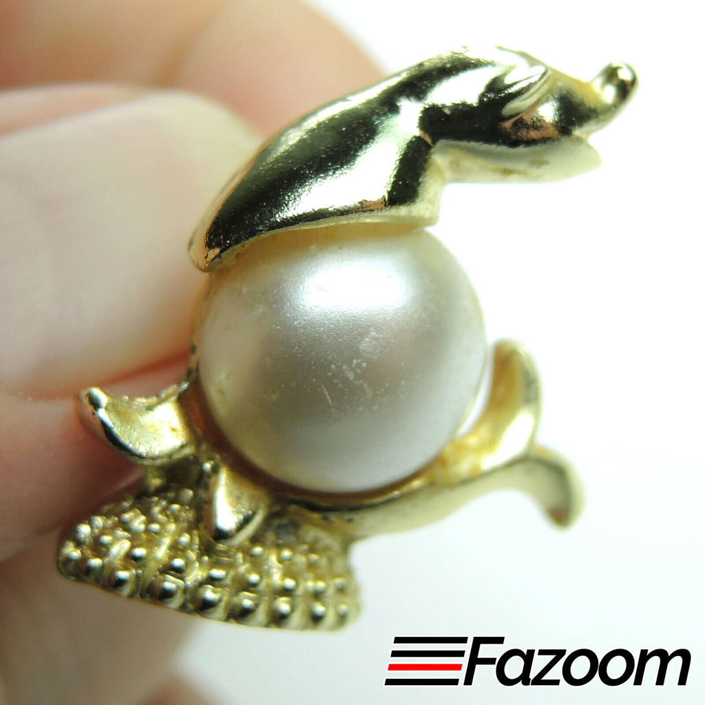 Volupte Gold-Tone Seal Faux Pearl Ball Brooch Lapel Pin Vintage - Fazoom