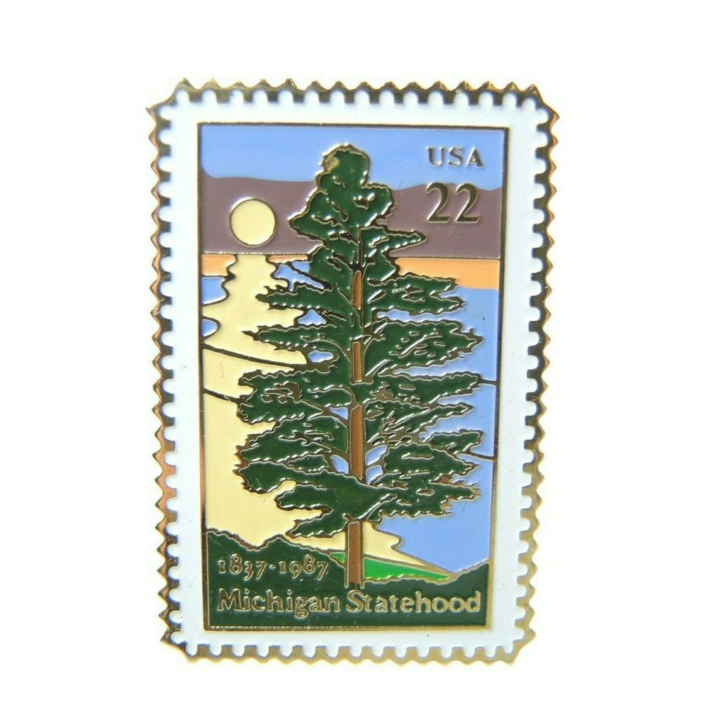 USPS Michigan Statehood 1837-1987 22-Cent Stamp Gold Tone Lapel Pin - Fazoom