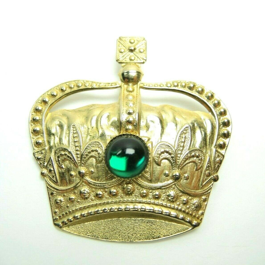 Crown Faux Gem 2.3-inch Vintage Unsigned Gold-Tone Brooch Lapel Pin - Fazoom