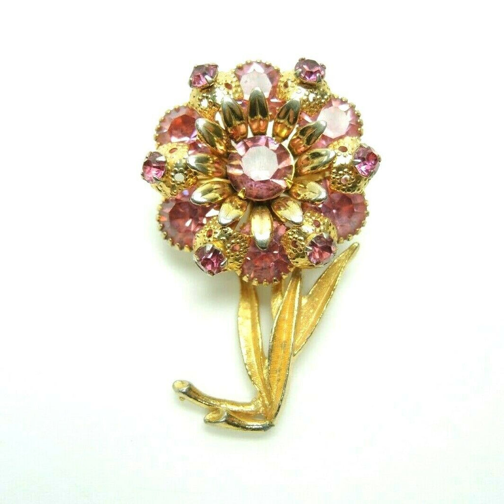 Flower Faux Red Rhinestones 1.9-inch Vintage Unsigned Gold-Tone Brooch Lapel Pin - Fazoom
