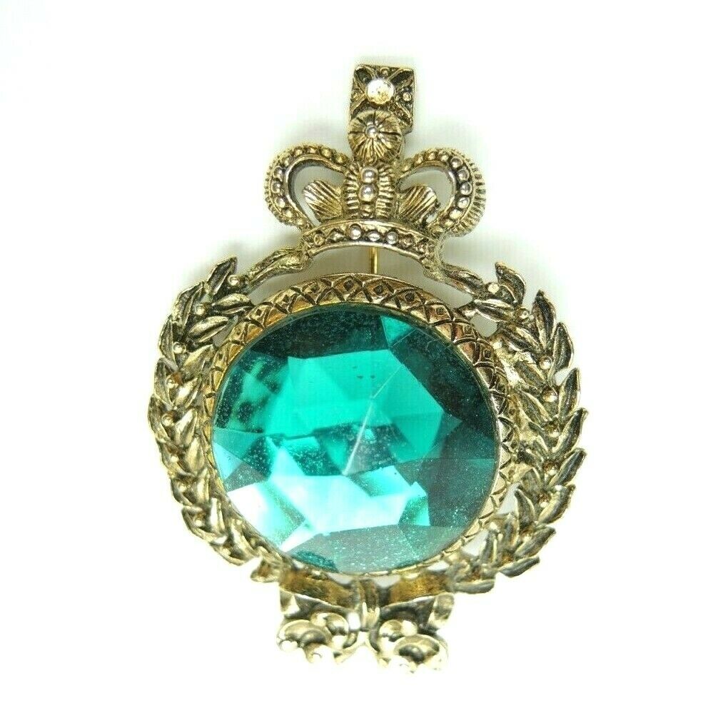 Crest Crown Faux Gem 2.2-inch Vintage Unsigned Gold-Tone Brooch Lapel Pin - Fazoom