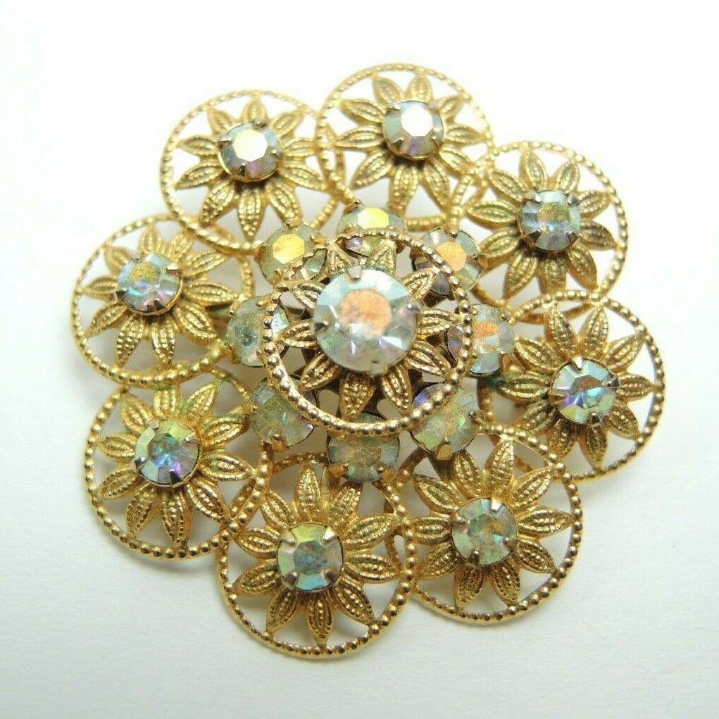 Abstract Flower Rhinestone 1.7-inch Round Vintage Unsigned Brooch Lapel Pin - Fazoom
