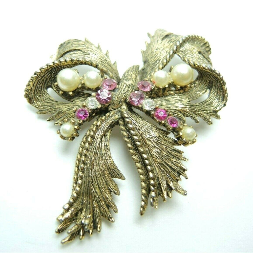 Bow with Faux Pearls & Rhinestones 2.8-inch Vintage Unsigned Brooch Lapel Pin - Fazoom