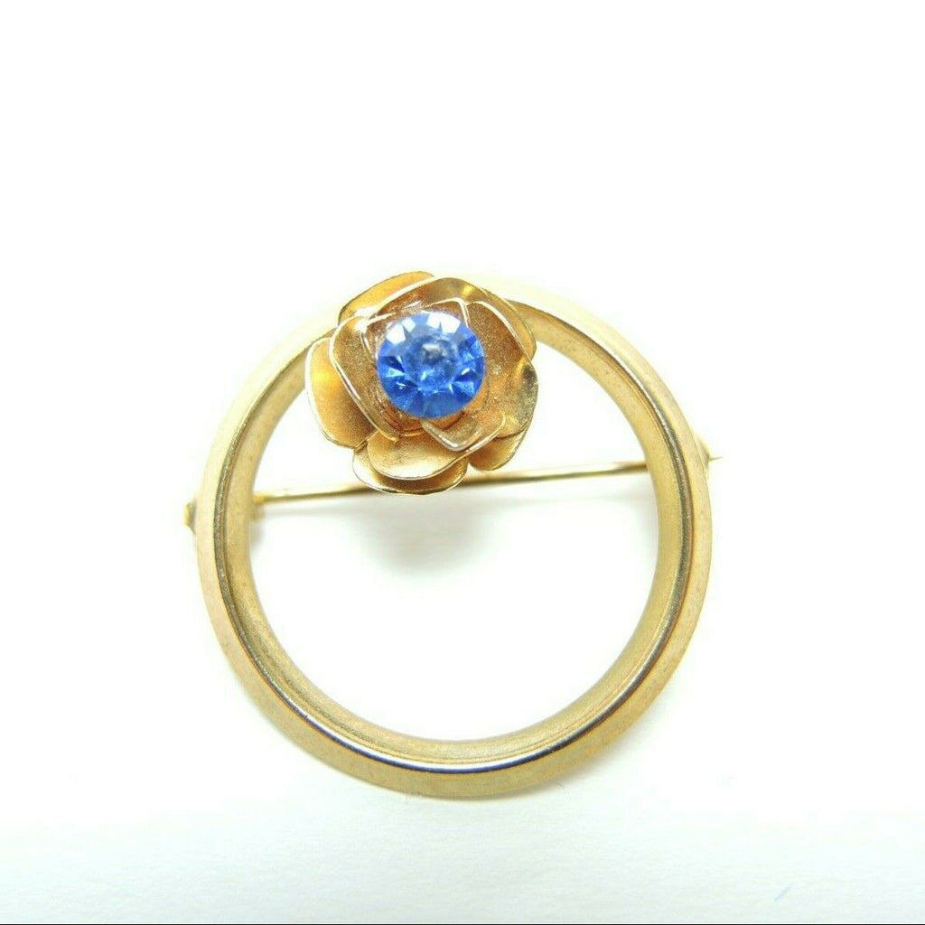 Faux Blue Gem Flower 1.1-inch Round Vintage Unsigned Gold-Tone Brooch Lapel Pin - Fazoom