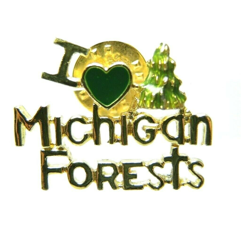 I Love Michigan Forests Pine Tree Souvenir Gold Tone Lapel Pin - Fazoom