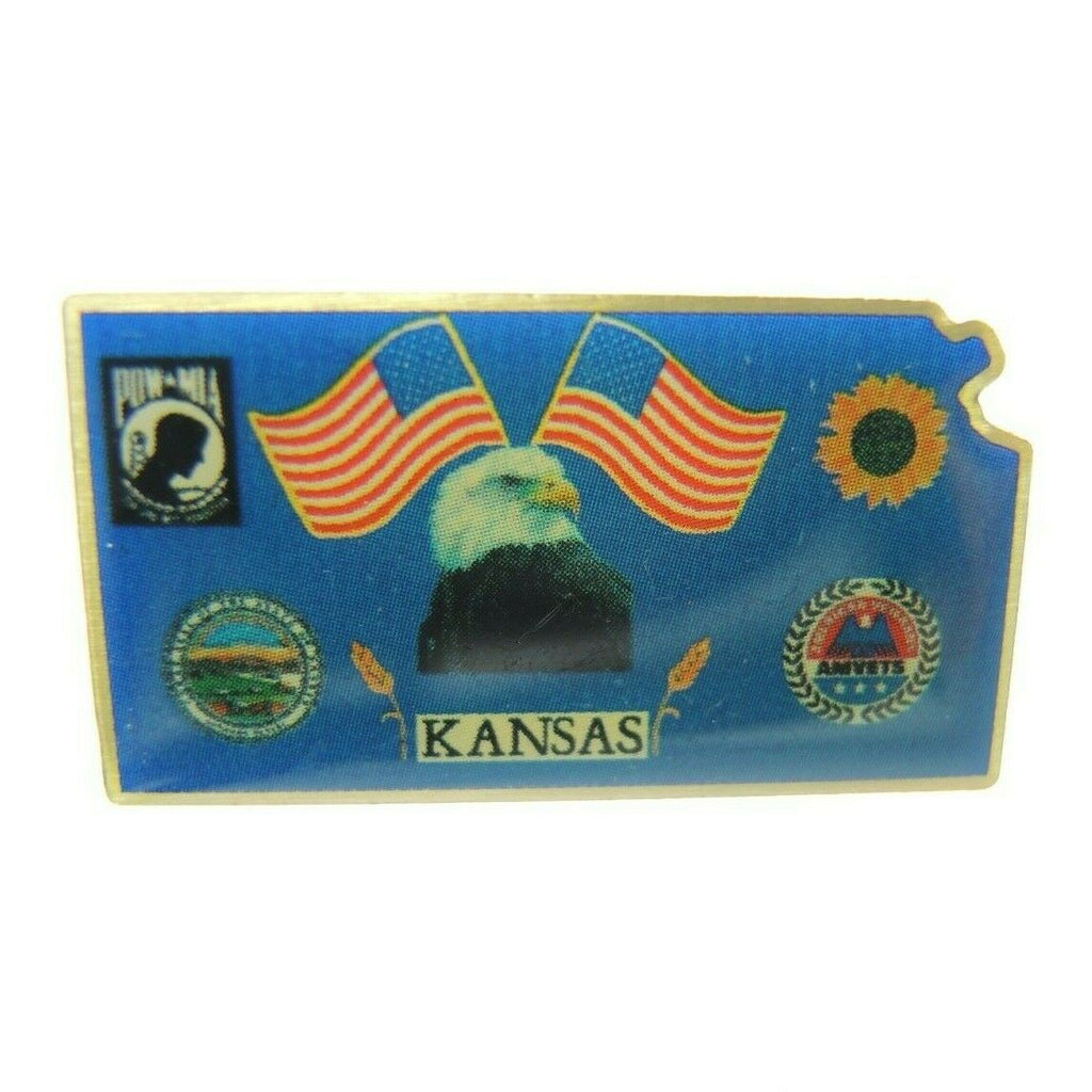 Kansas State Outline Eagle POW American Flags AMVETS Blue Gold Tone Lapel Pin - Fazoom