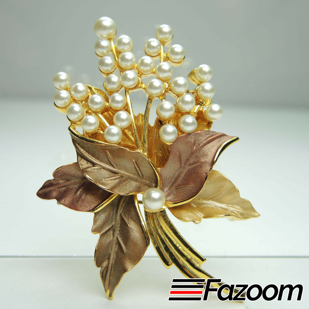 Gold-Tone Faux Pearl Cluster & Leaves Brooch Lapel Pin Vintage - Fazoom