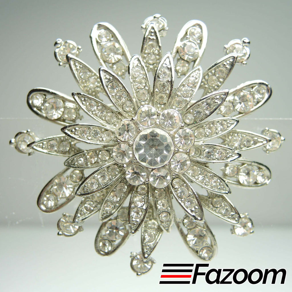 Silver-Tone Large Star Flower Brooch Lapel Pin with Rhinestones Vintage - Fazoom